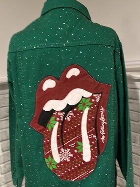 Green Rhinestone Jean Jacket with Christmas Rolling Stones Logo